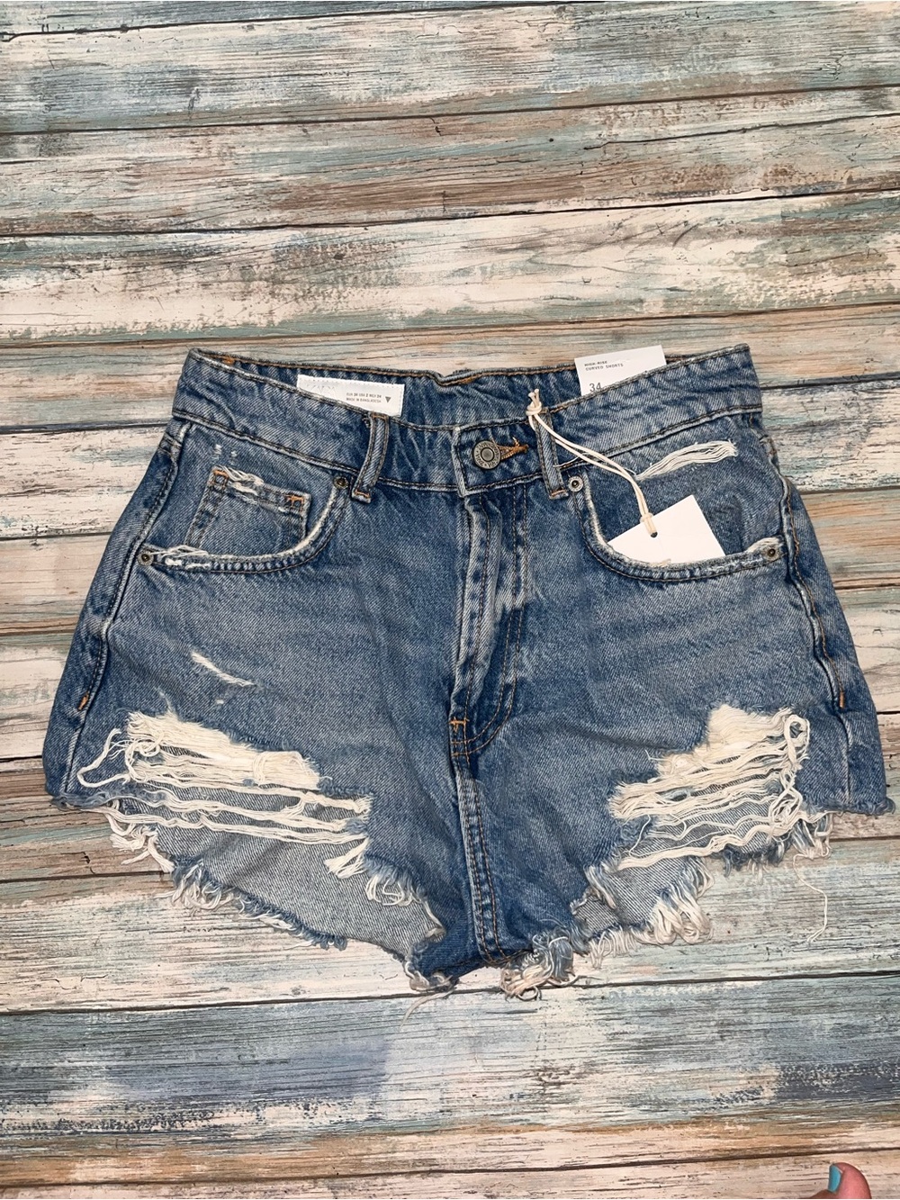 Zara High Rise Curved Distressed Denim Shorts 100% Cotton Size 2 NWT